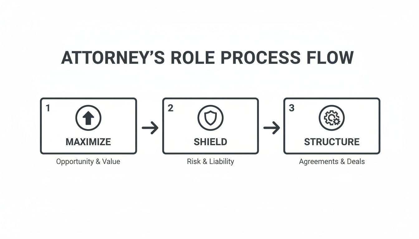 A process flow chart illustrating an attorney's role in maximizing opportunity, shielding risk, and structuring deals.