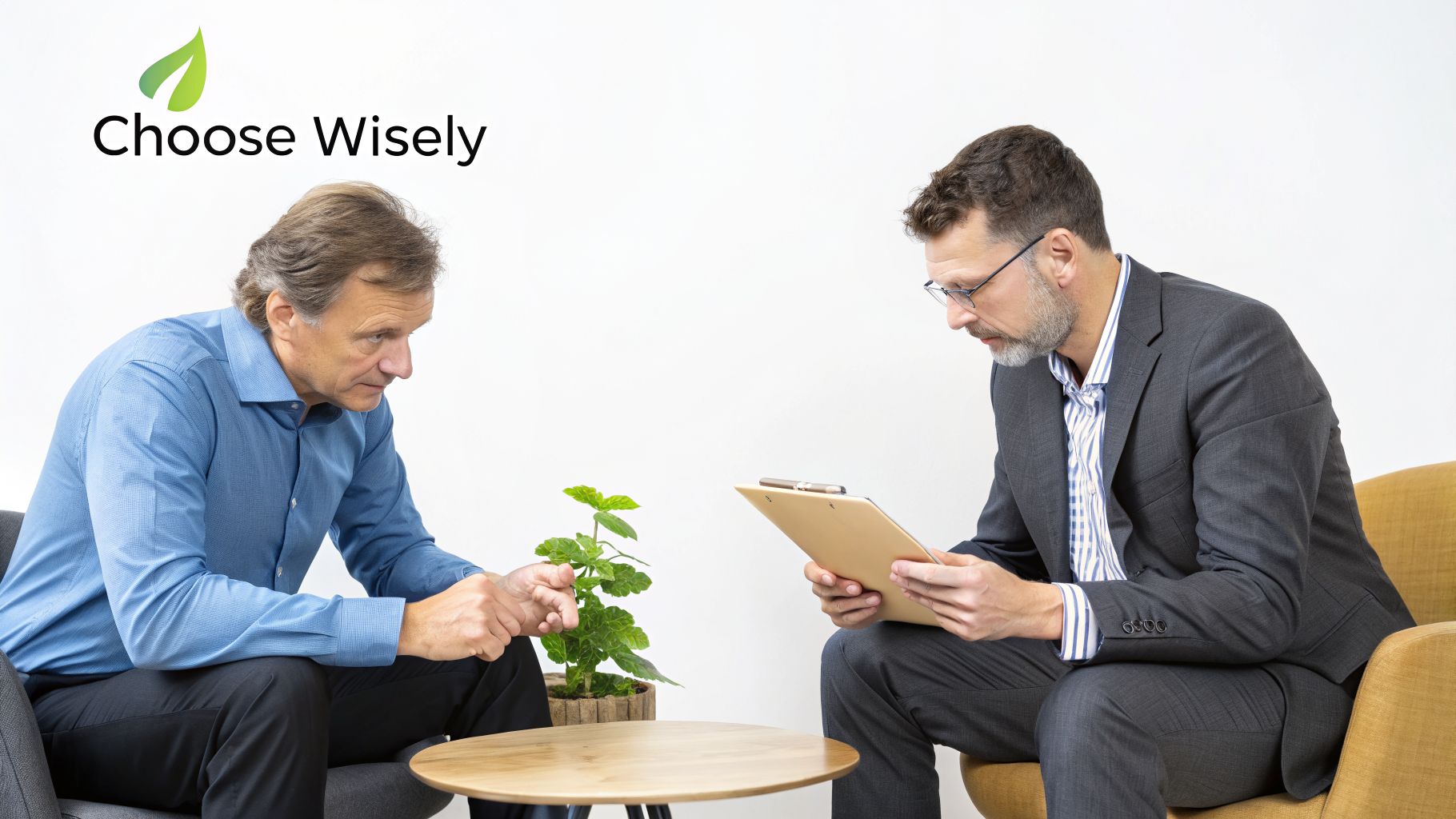 Two businessmen in a serious discussion, one taking notes, while the other listens intently.