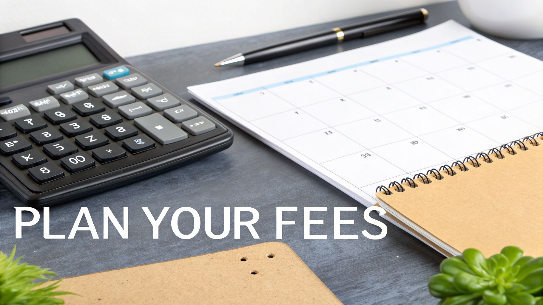 A calculator, pen, calendar, and notebook on a desk with the text 'PLAN YOUR FEES'.