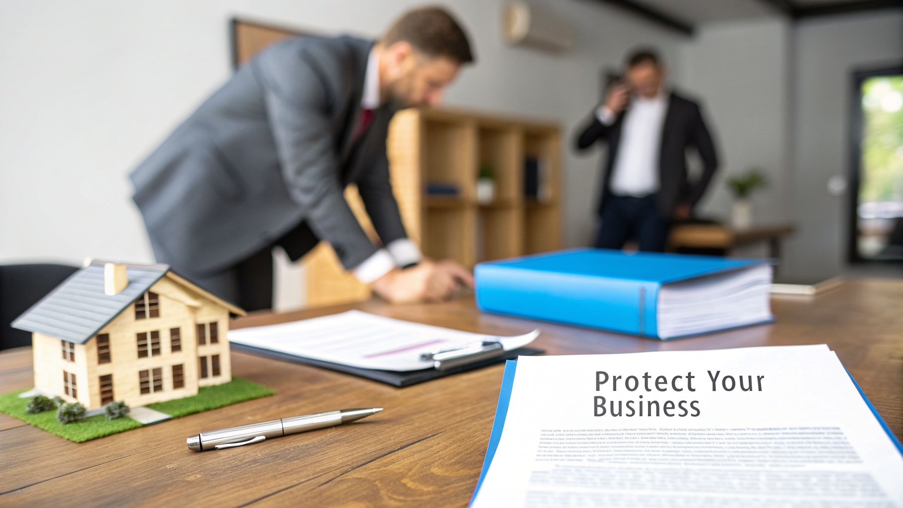 Desk with a model house, pen, and 'Protect Your Business' document. Two blurred businessmen discuss agreements, symbolizing real estate protection.