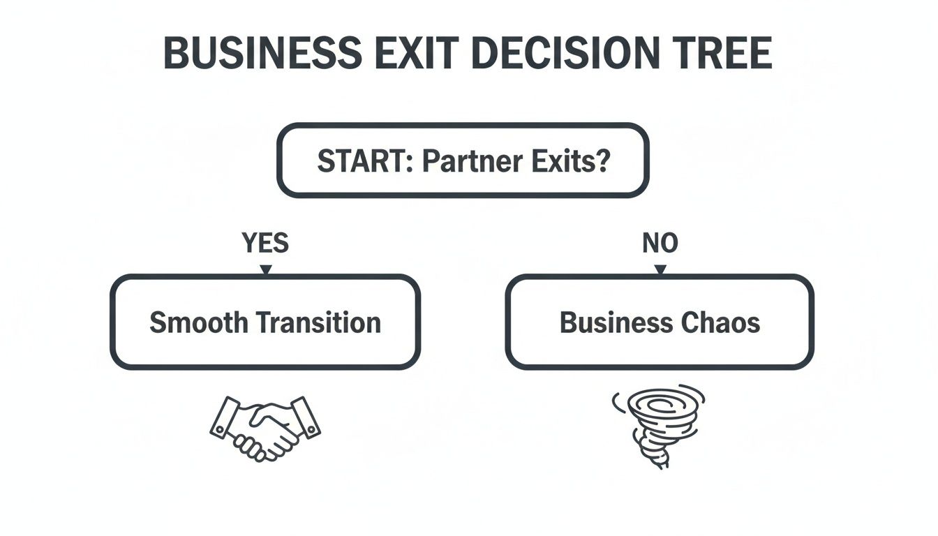 Business Exit Decision Tree flowchart illustrating outcomes: smooth transition if a partner exits, business chaos if not.