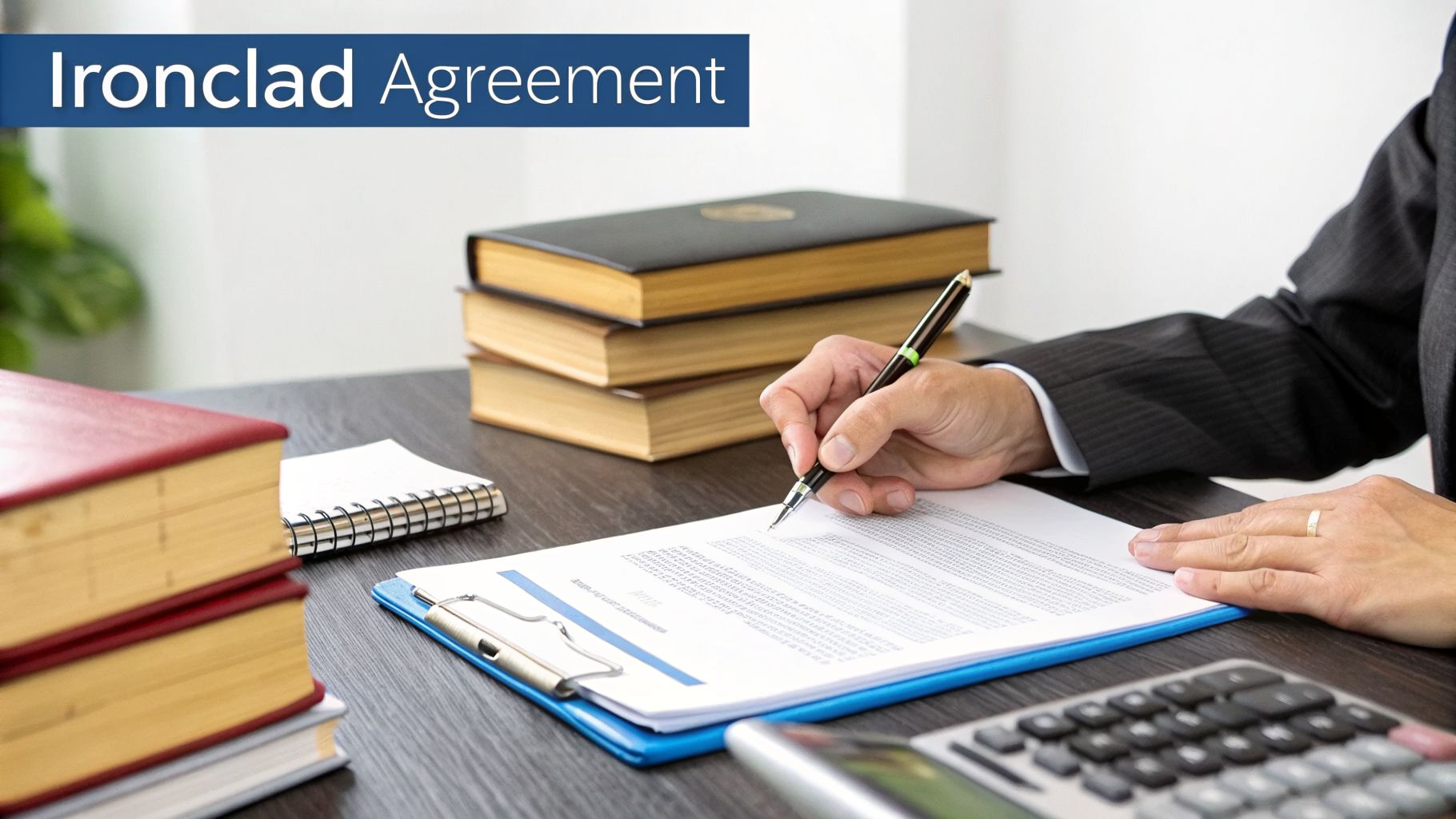 Hands signing an 'Ironclad Agreement' document on a desk surrounded by legal books and a calculator.