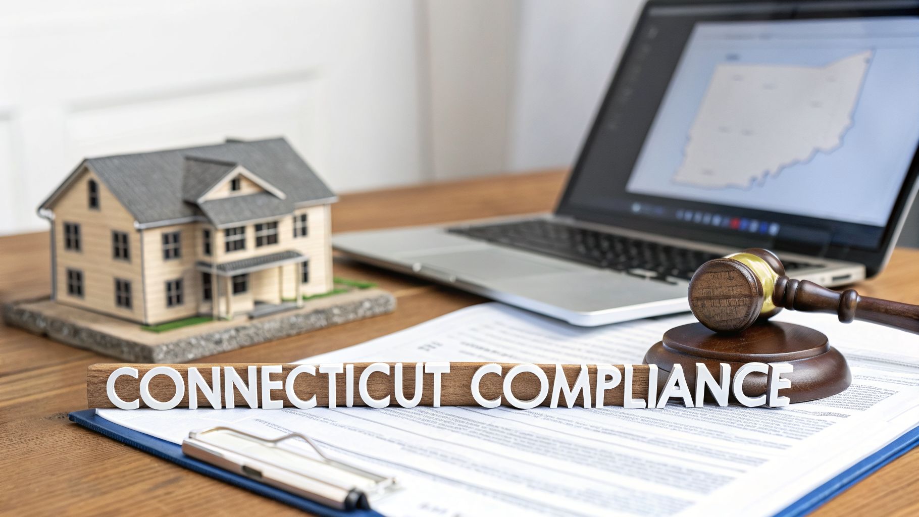 Connecticut Compliance text, a model house, laptop with a map, gavel, and legal documents on a desk.