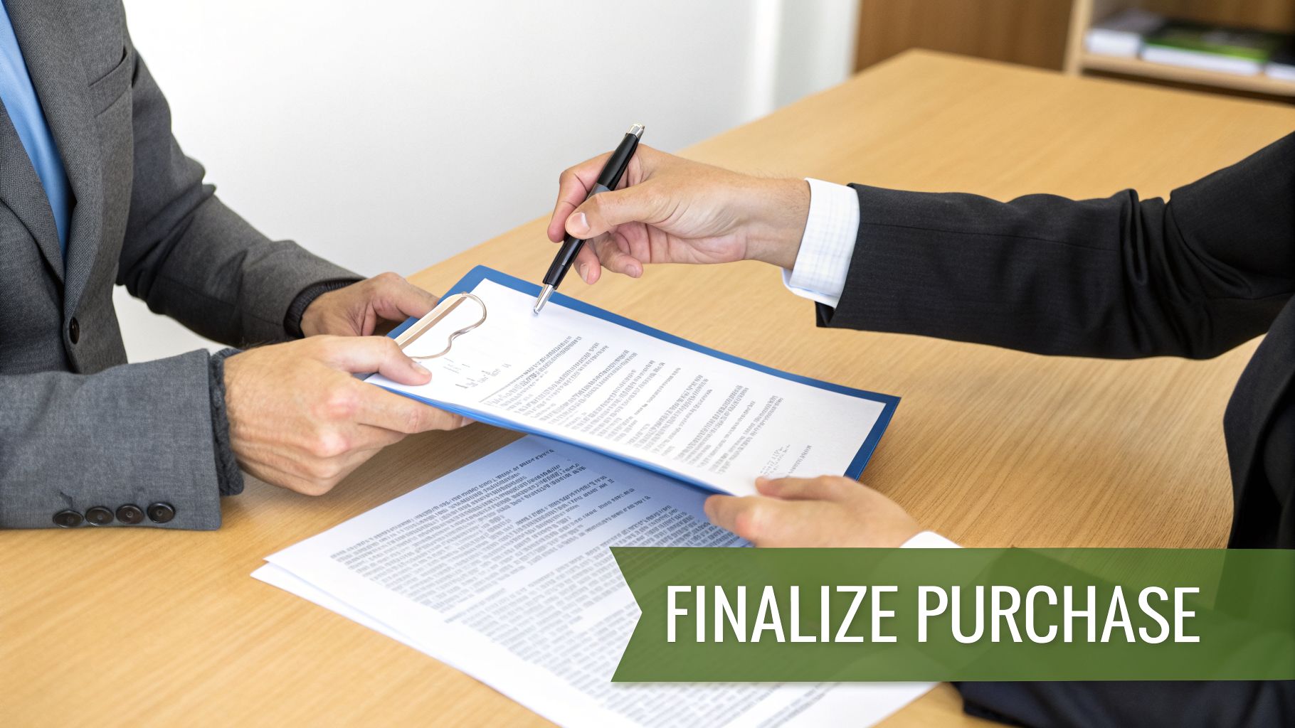 Two business professionals finalizing a purchase agreement, with one handing a document for signing.