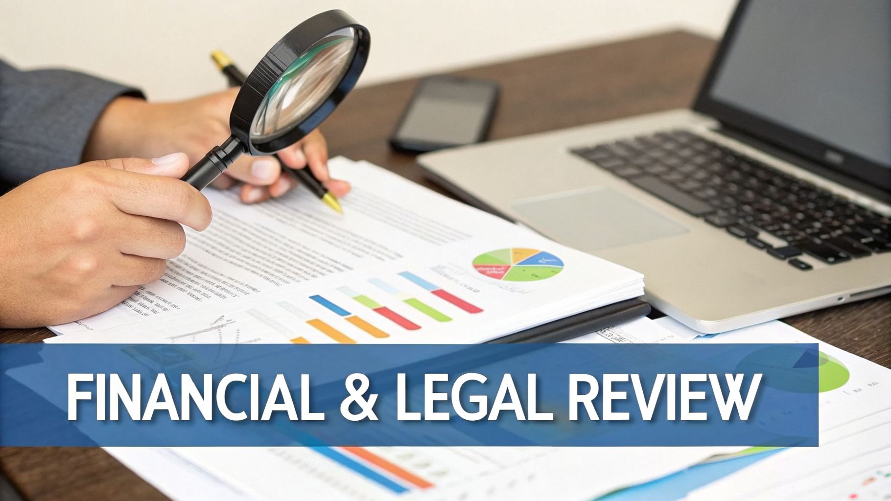 A person uses a magnifying glass to review financial and legal documents with charts and graphs.