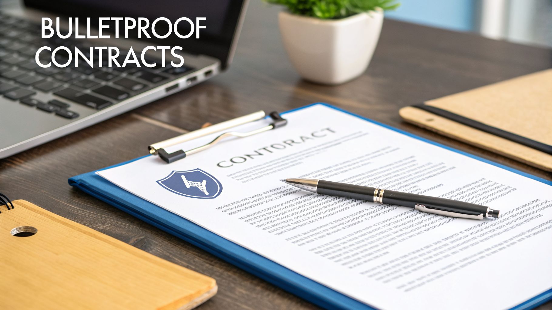 A desk with a laptop, plant, and a contract document with a pen, featuring 'Bulletproof Contracts' text.