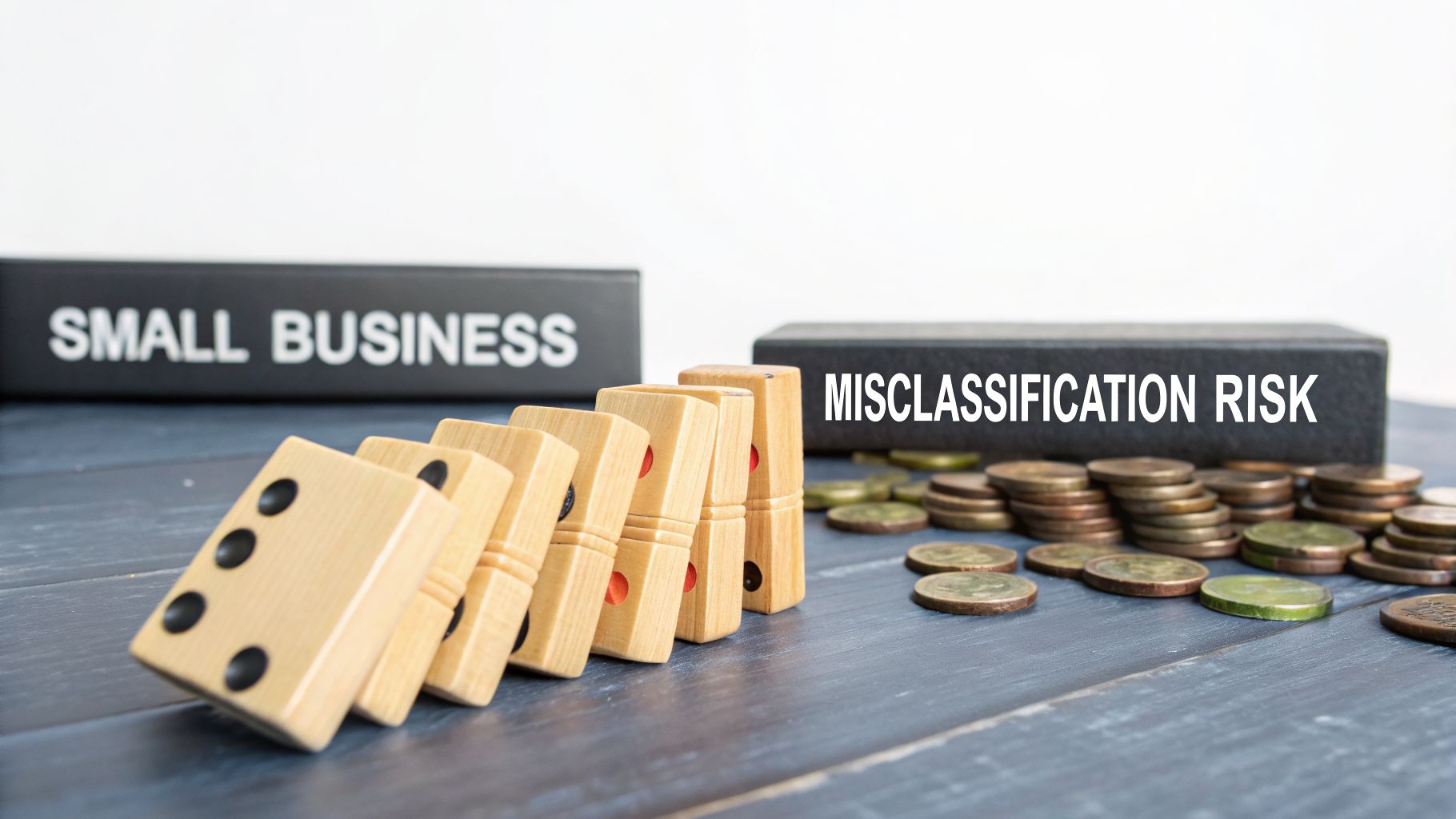 Dominoes falling towards text 'MISCLASSIFICATION RISK' and 'SMALL BUSINESS' with coins, symbolizing financial risk.