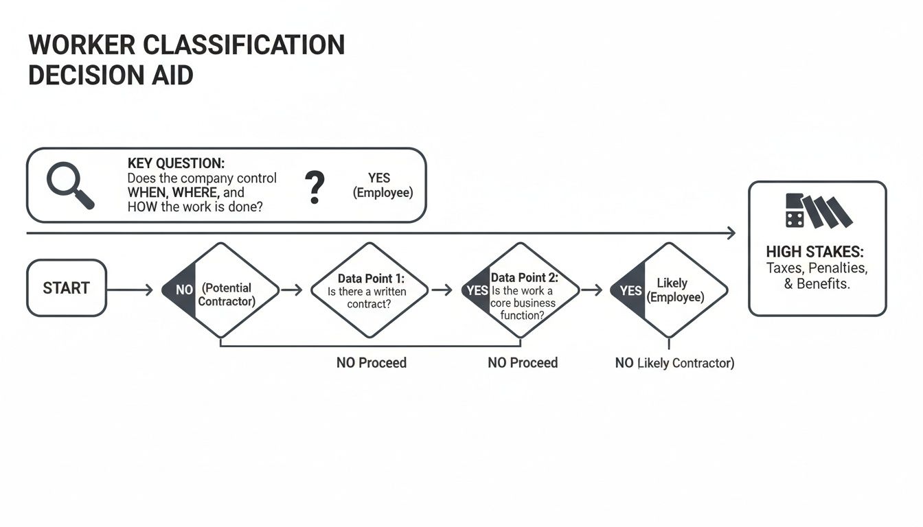 Flowchart illustrating a worker classification decision aid for distinguishing employees from contractors.