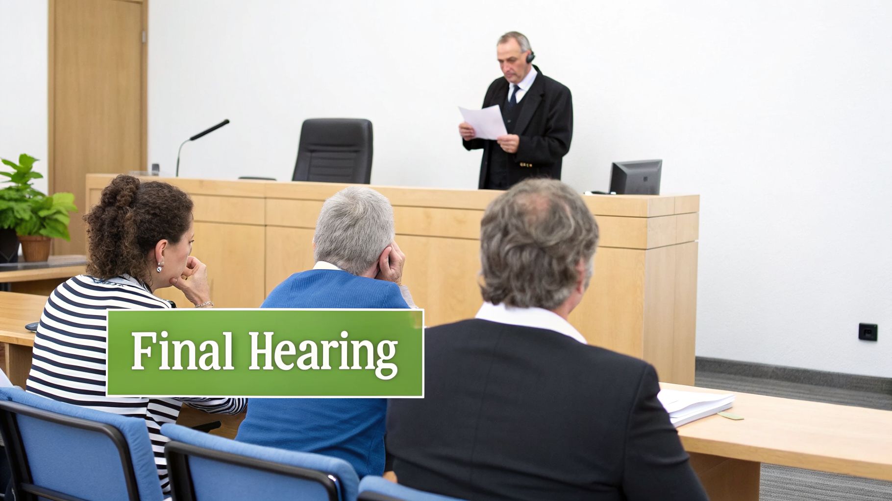 Attendees listen intently as a speaker presents at a final hearing in a courtroom.