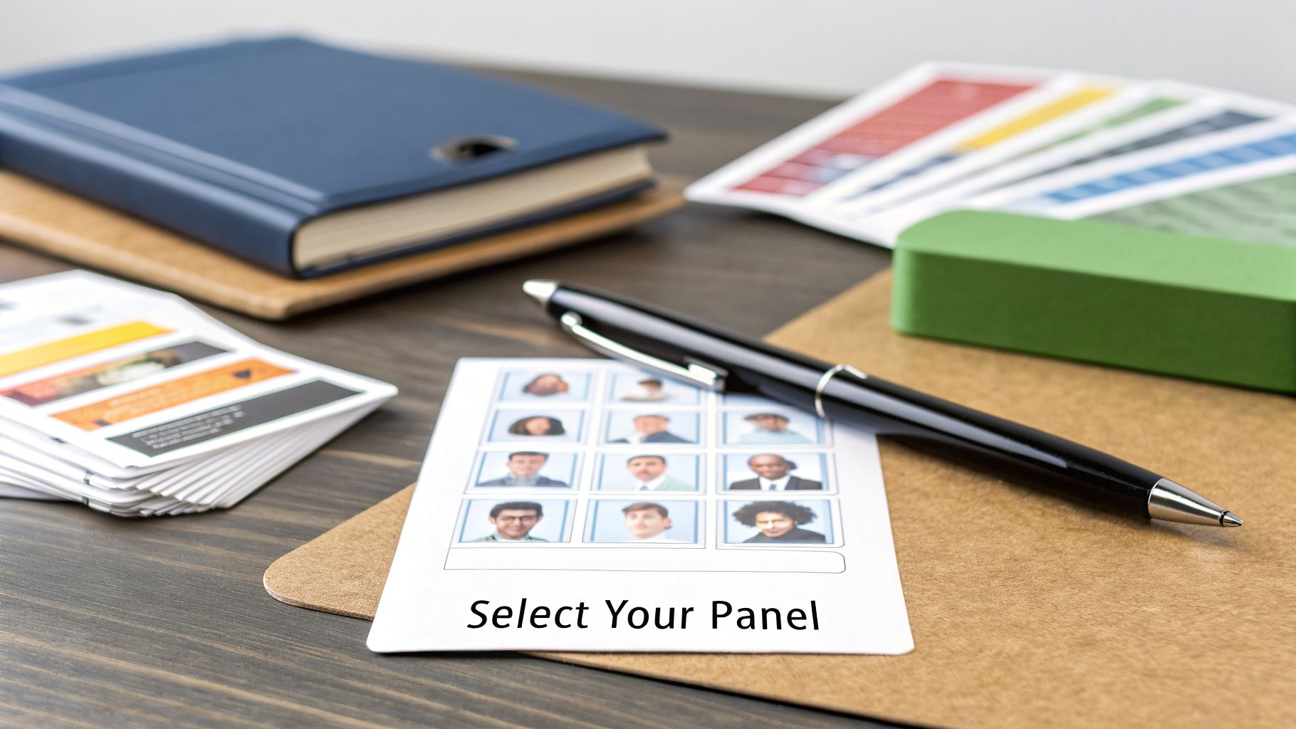 Desk setup with a pen, 'Select Your Panel' card featuring diverse photos, books, and colorful index cards.