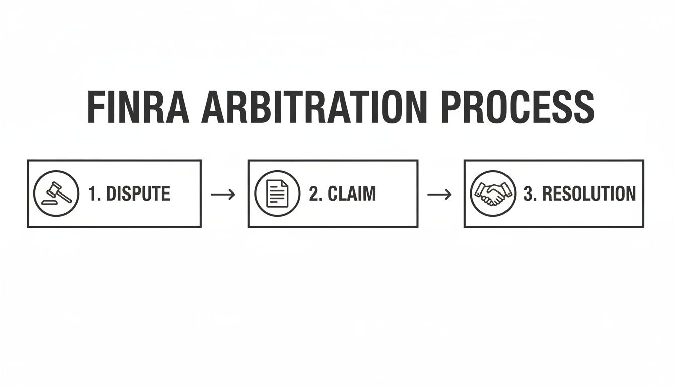 FINRA arbitration process flowchart illustrating three sequential steps: dispute, claim, and resolution with icons.