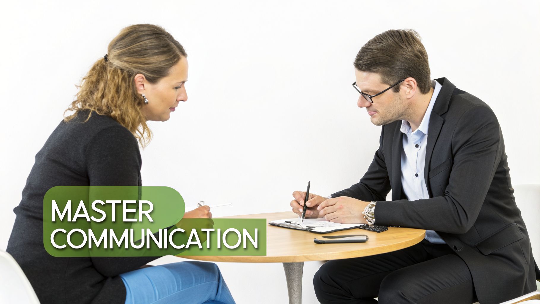 Two professionals, a man and a woman, engaged in a discussion at a table, emphasizing communication.