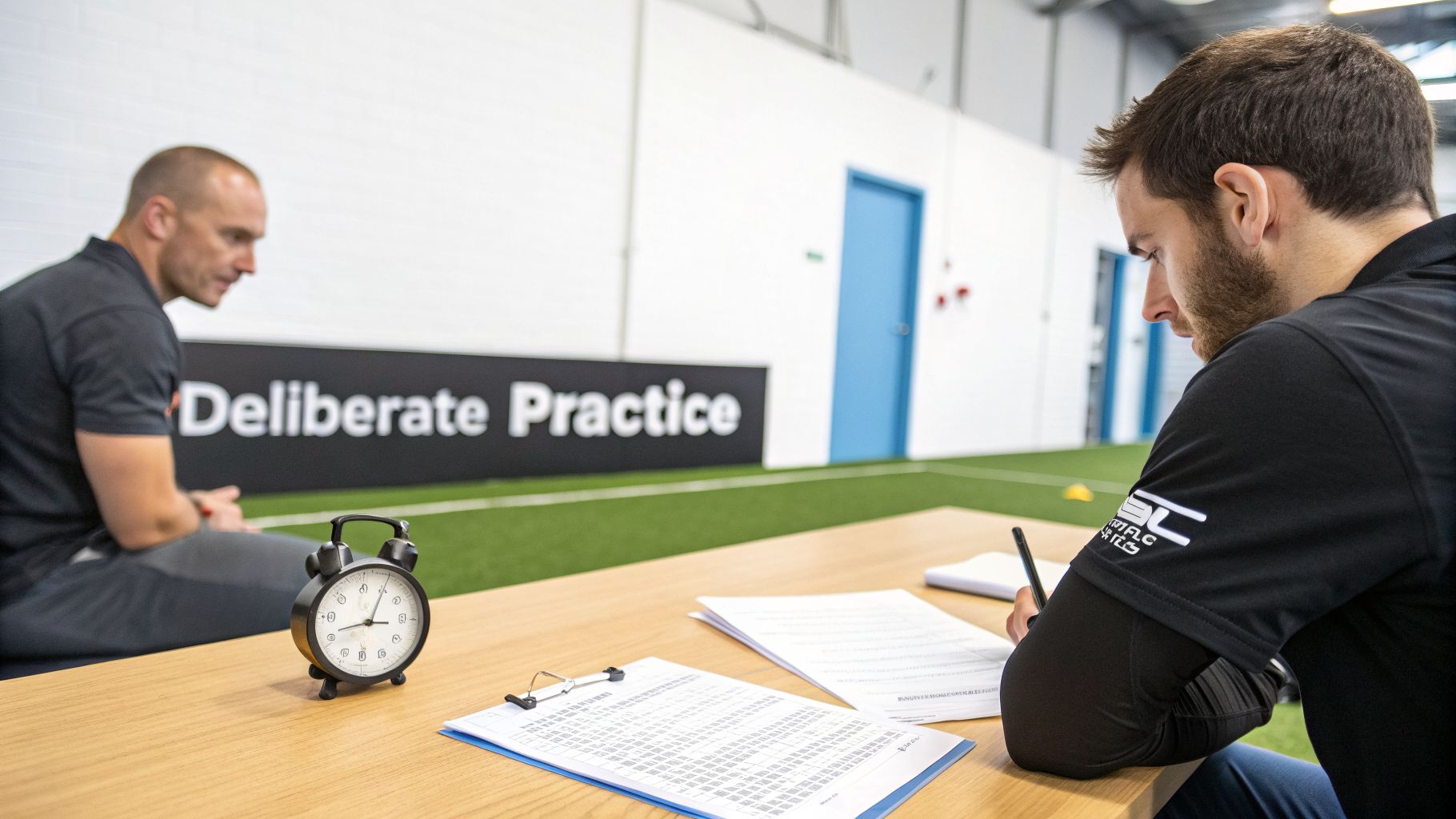 Man meticulously taking notes at a desk in a deliberate practice environment with a timer.