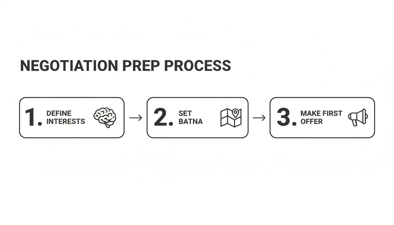 A three-step negotiation preparation process flowchart outlining Define Interests, Set BATNA, and Make First Offer.
