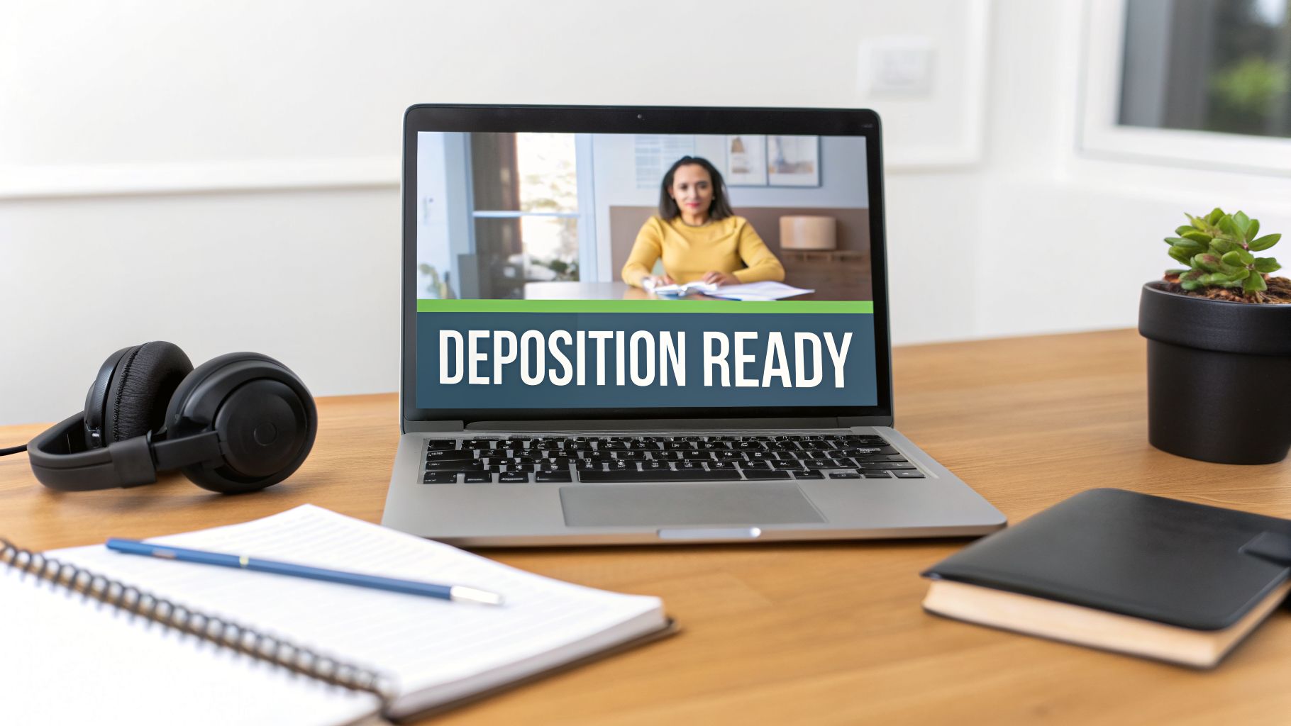 A laptop displaying "DEPOSITION READY" with a woman on screen, alongside headphones, a notebook, and a plant on a wooden desk.