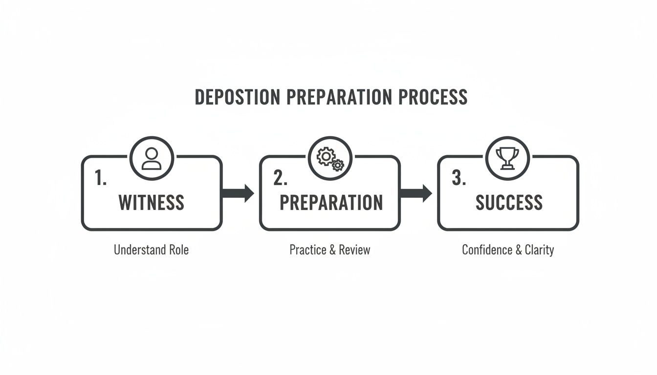 Flowchart illustrating the three-step deposition preparation process: Witness, Preparation, and Success.