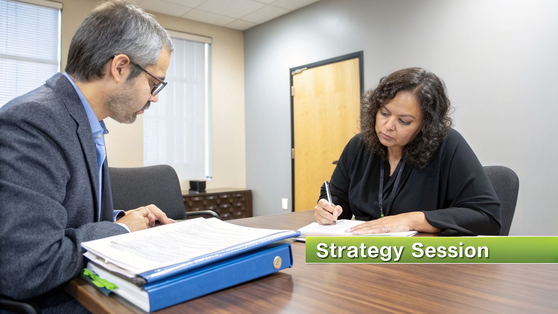 Two professionals, a man and a woman, discuss documents and take notes during a strategy session.