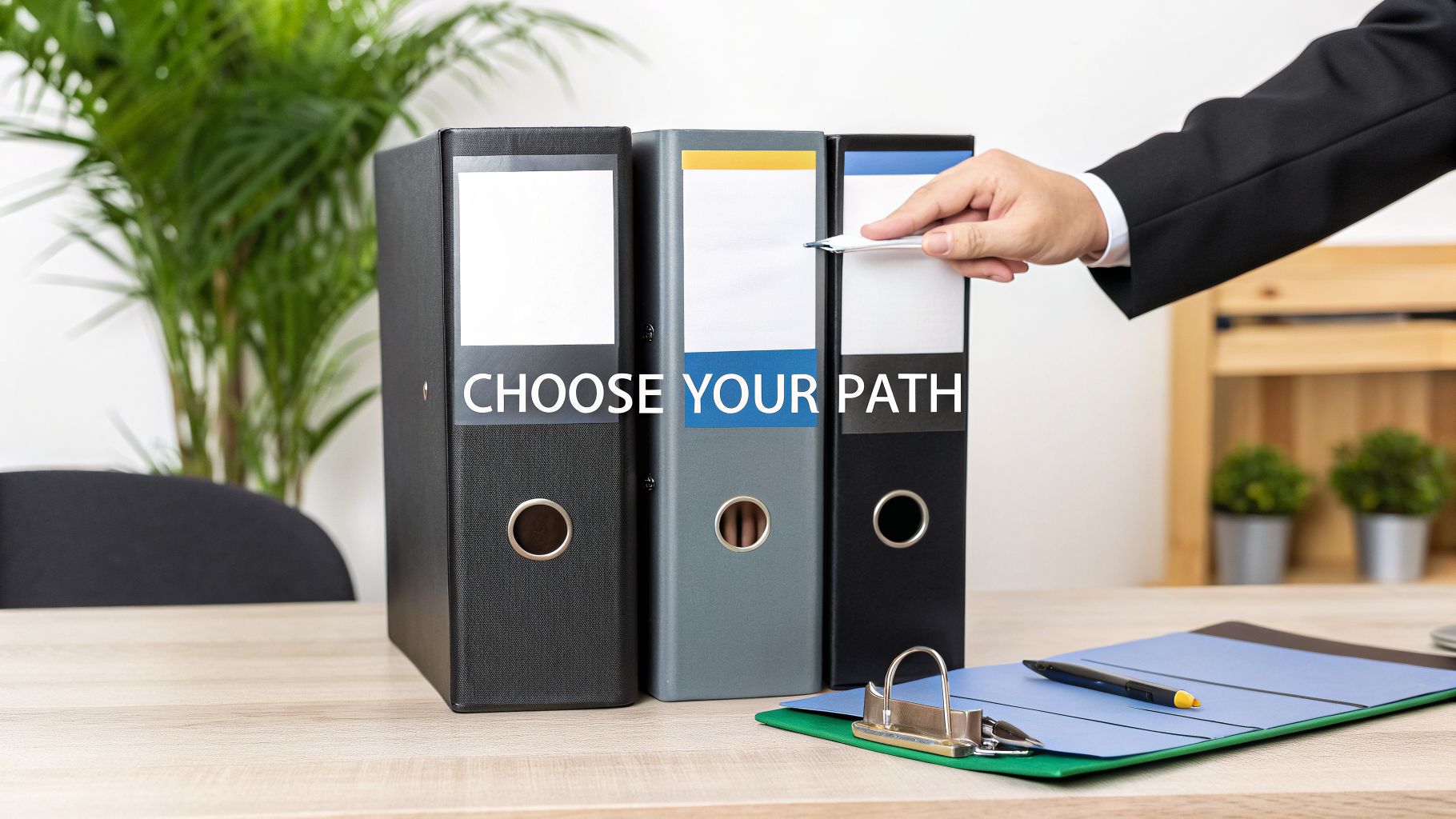 A hand chooses a binder from three options on a desk with 'CHOOSE YOUR PATH' text.