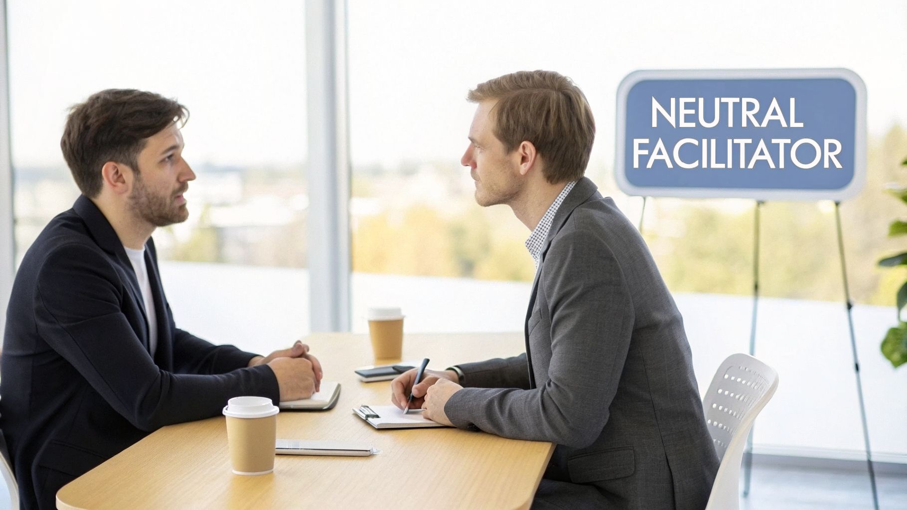 Two men in business attire discuss at a table, with a 'Neutral Facilitator' sign visible in an office setting.