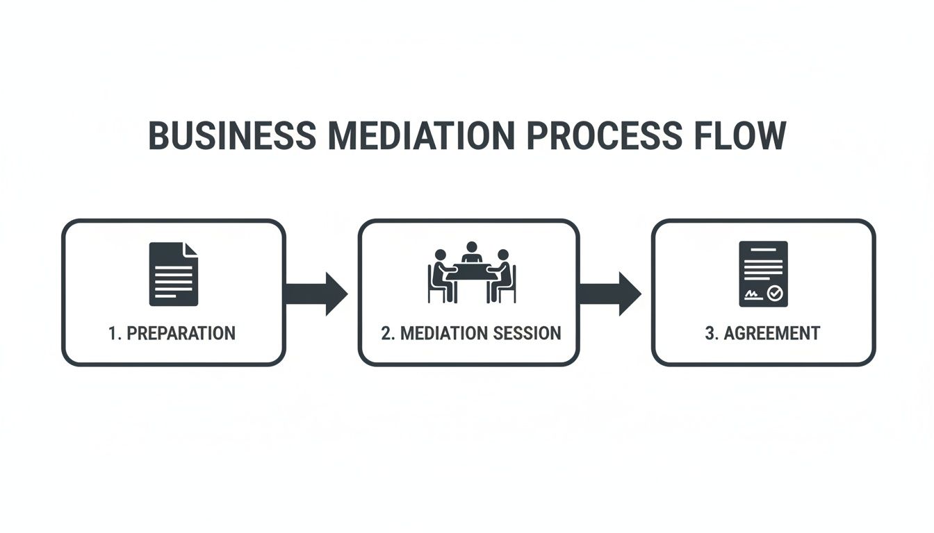 Flowchart showing the business mediation process with three steps: preparation, mediation session, and agreement.