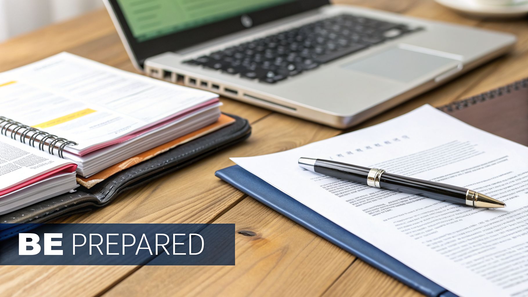 A wooden desk with a laptop, stacked documents, a pen, and a binder, signifying preparation.