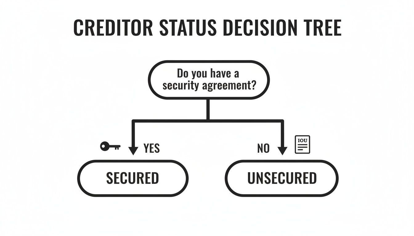 A creditor status decision tree illustrating that a security agreement determines if a creditor is secured or unsecured.