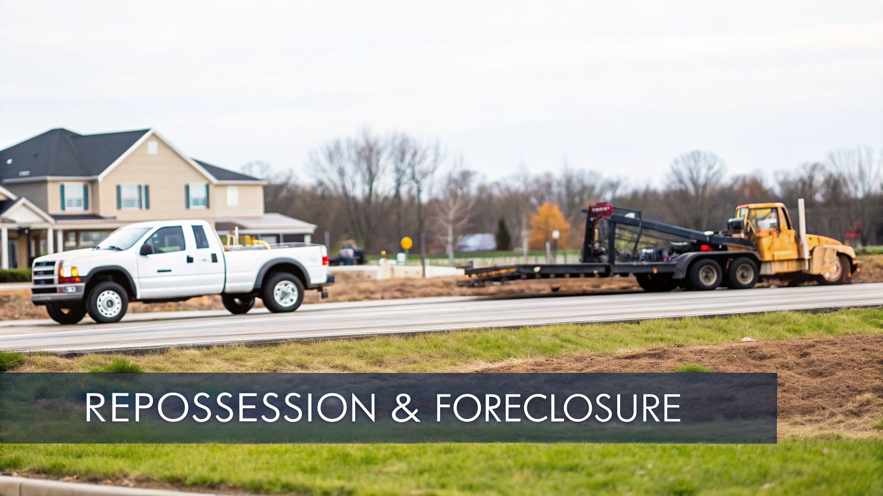 A white pickup truck and a yellow tow truck on a road, with houses and 'REPOSSESSION & FORECLOSURE' text.