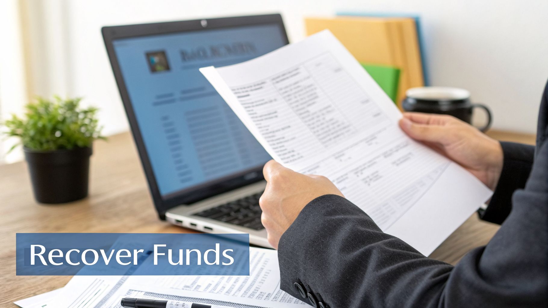 A person in a suit reviews financial documents with a laptop on a desk, focusing on fund recovery.