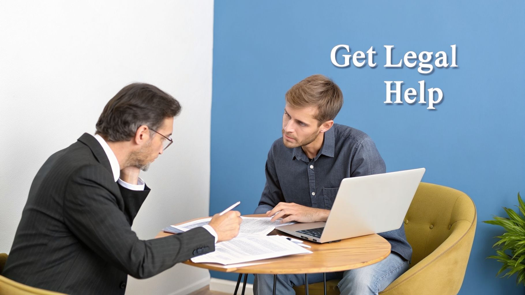 Two men discuss legal documents at a table, with 'Get Legal Help' text on the wall.