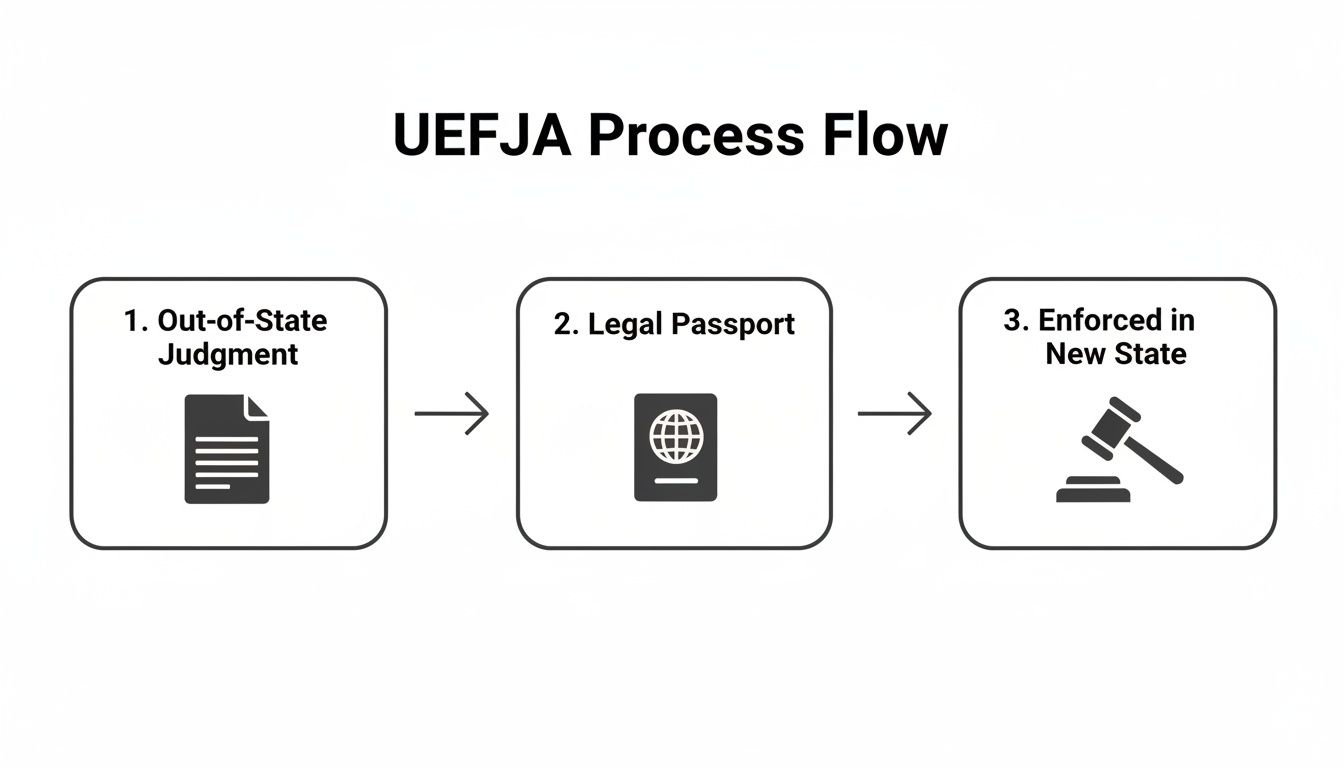 A flowchart illustrating the UEFJA process, showing an out-of-state judgment, legal passport, and enforcement in a new state.
