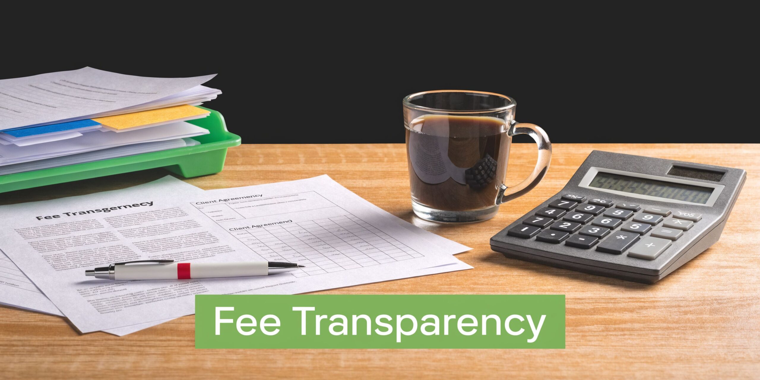 A professional desk featuring a calculator, a coffee cup, a pen, and legal client agreement documents.