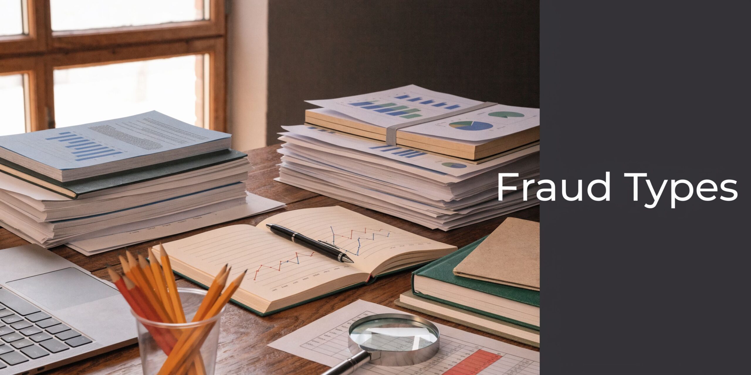 A wooden desk filled with documents, financial charts, a pen, a magnifying glass, and office supplies.