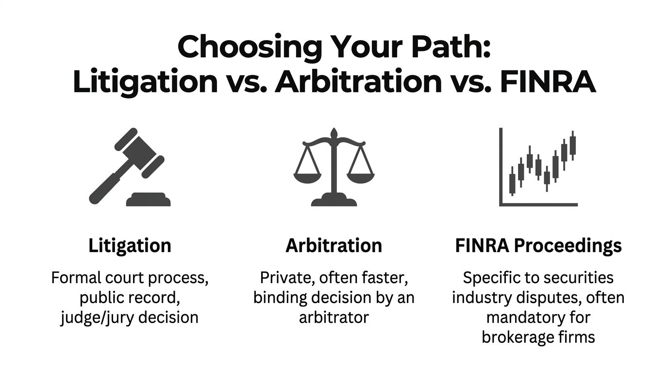 An infographic comparing legal dispute resolution methods: litigation, arbitration, and FINRA proceedings for business conflicts.