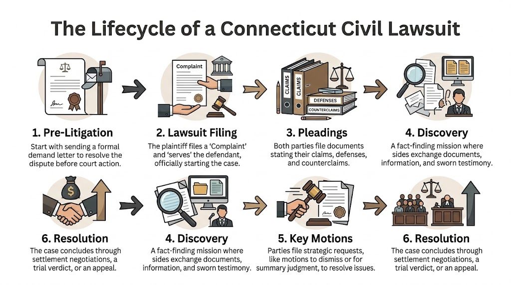 An infographic showing the steps of a Connecticut civil lawsuit process from pre-litigation to final resolution.
