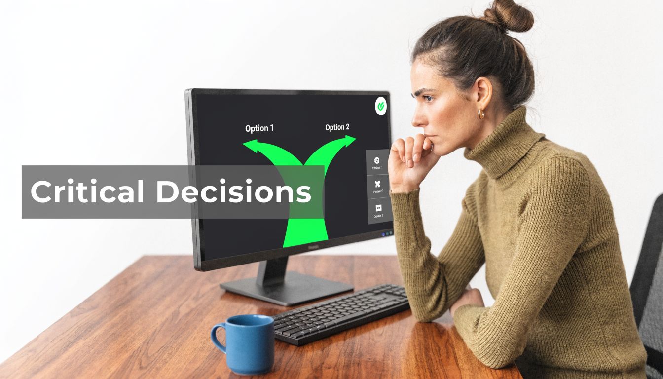 A businesswoman sits at her desk, thoughtfully considering critical business decisions presented on her computer screen.