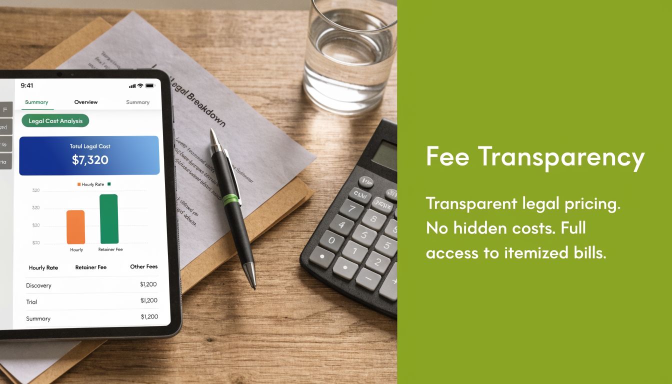 A tablet displaying legal fee analysis software on a wooden desk with a calculator and pen.
