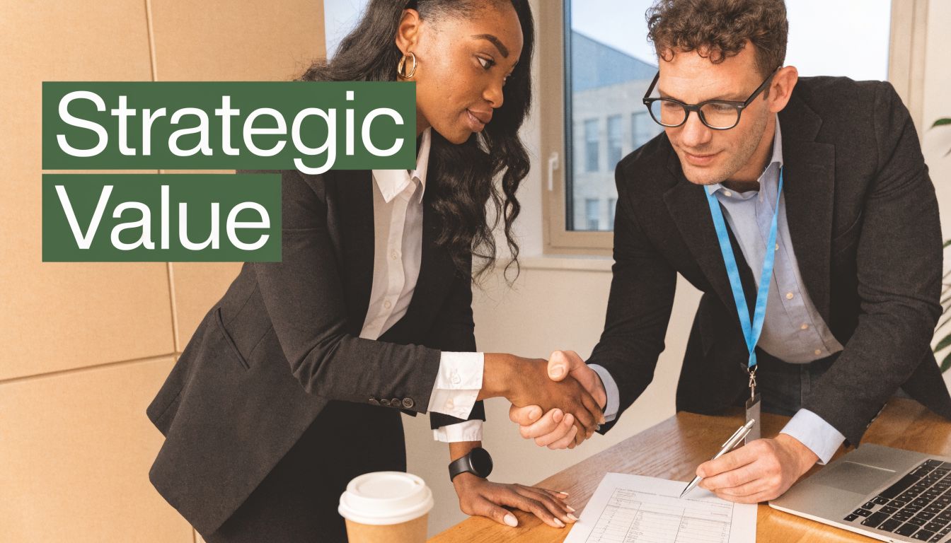 A professional business woman and man shaking hands while reviewing documents at an office desk.