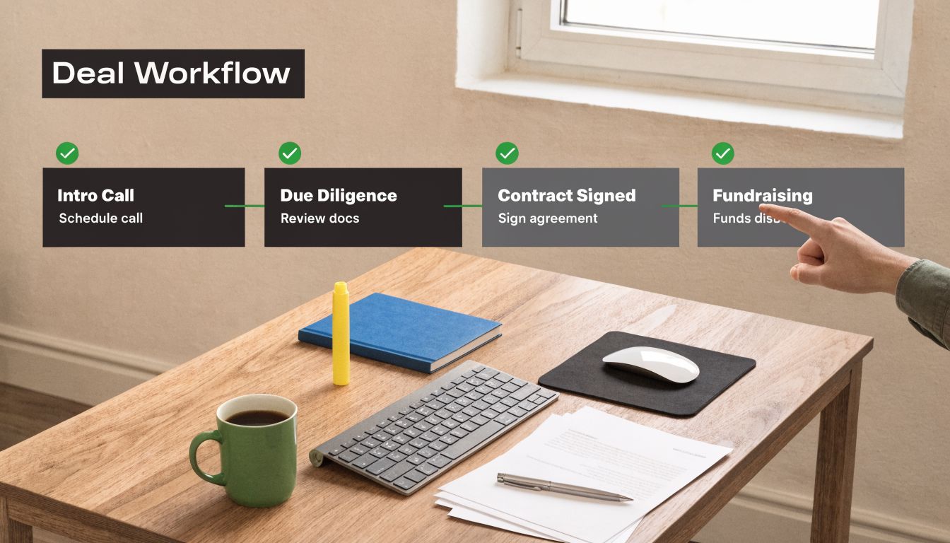 A professional desk workspace with a digital deal workflow chart displayed above indicating four business steps.