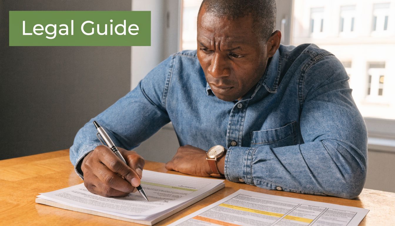 A man in a denim shirt carefully filling out legal paperwork at a wooden office desk.