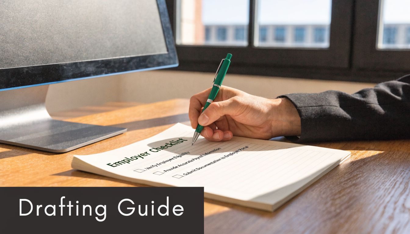 A professional hand writes on an employer checklist paper on a wooden desk near a computer screen.