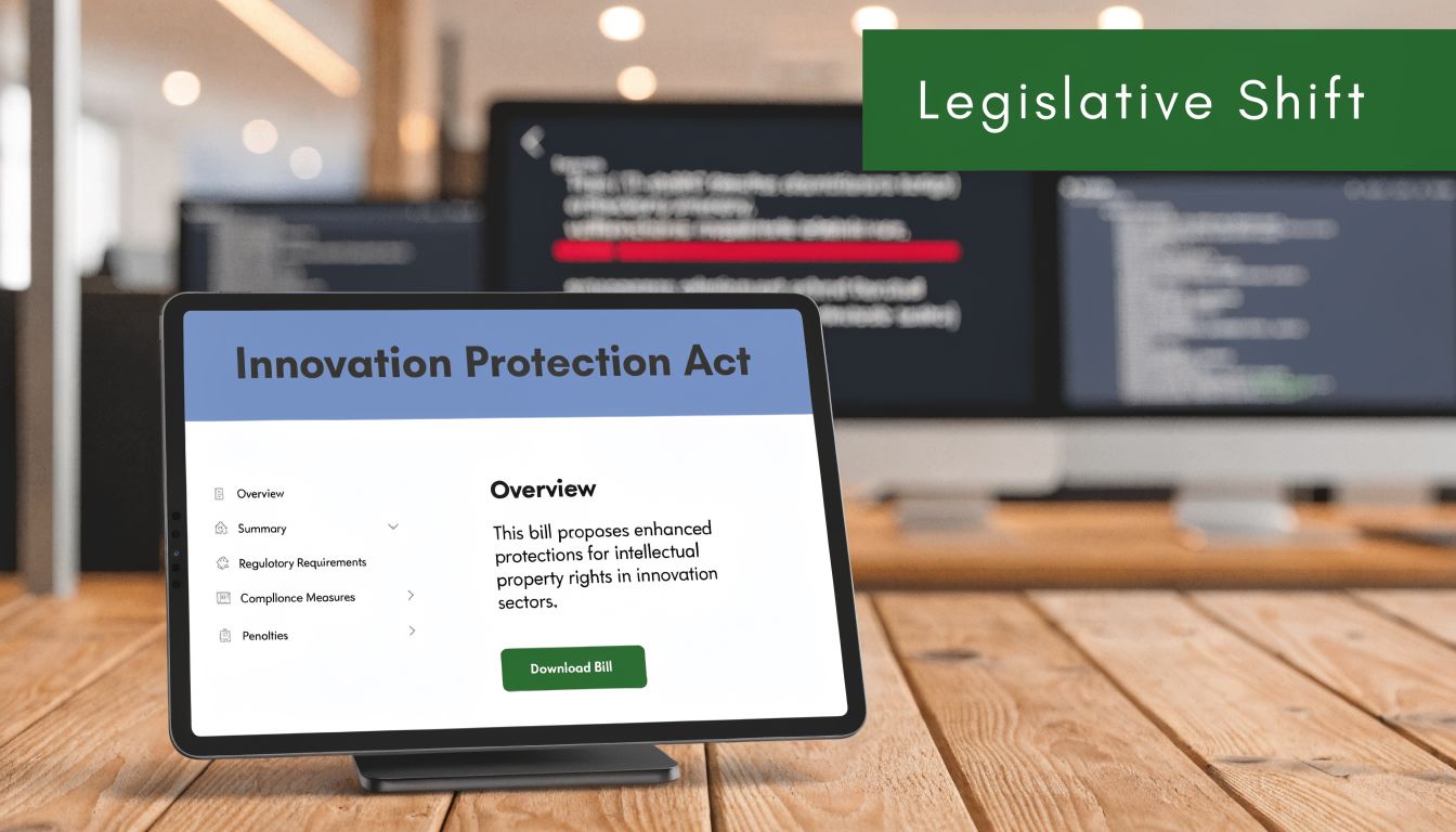 A digital tablet displaying the Innovation Protection Act overview on a wooden desk in an office.