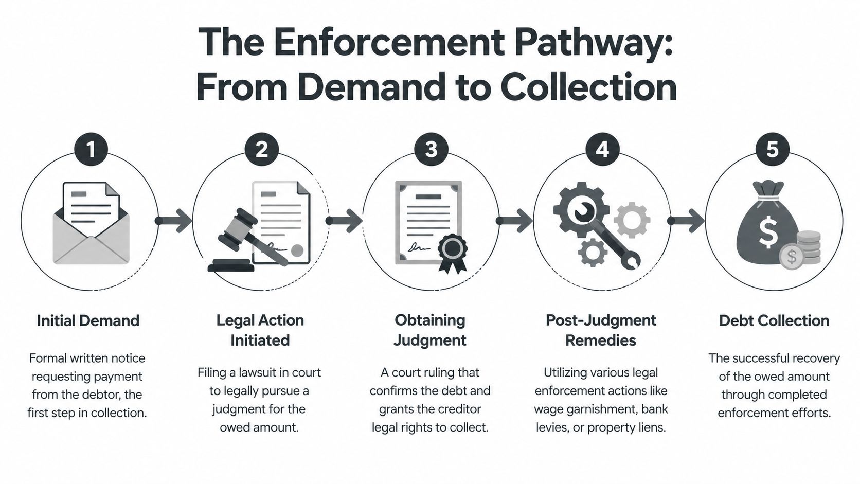 A five-step flowchart illustrating the legal enforcement pathway from an initial demand to successful debt collection.