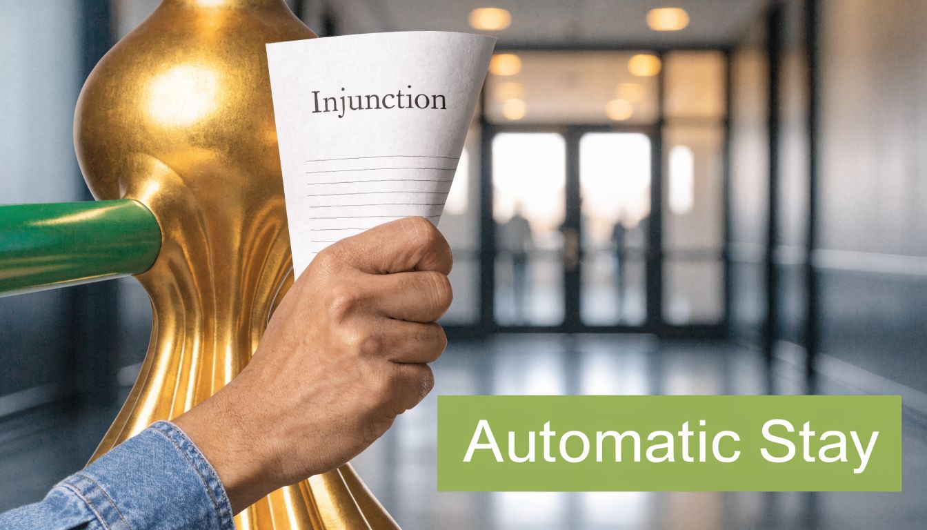 A hand holds a paper labeled Injunction in front of an office background labeled Automatic Stay.