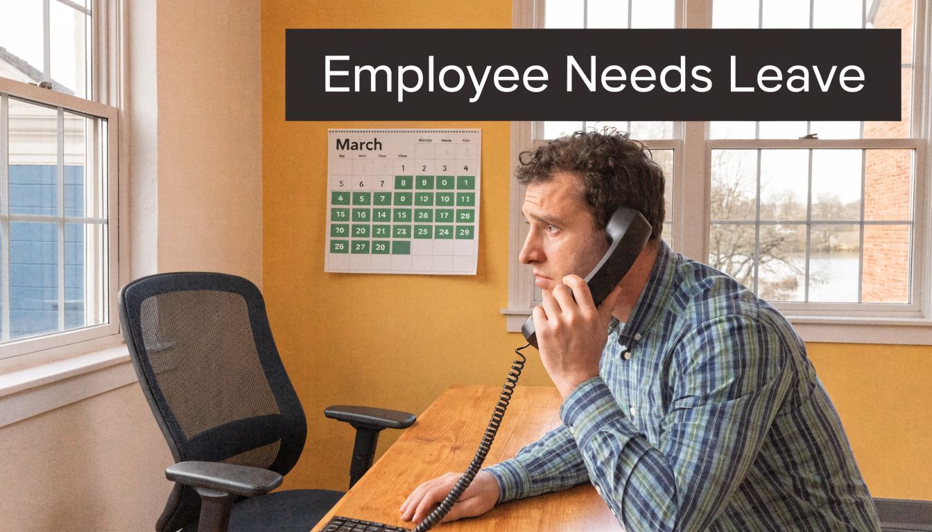 A concerned employee on a phone call sitting at his desk with a March calendar in view.
