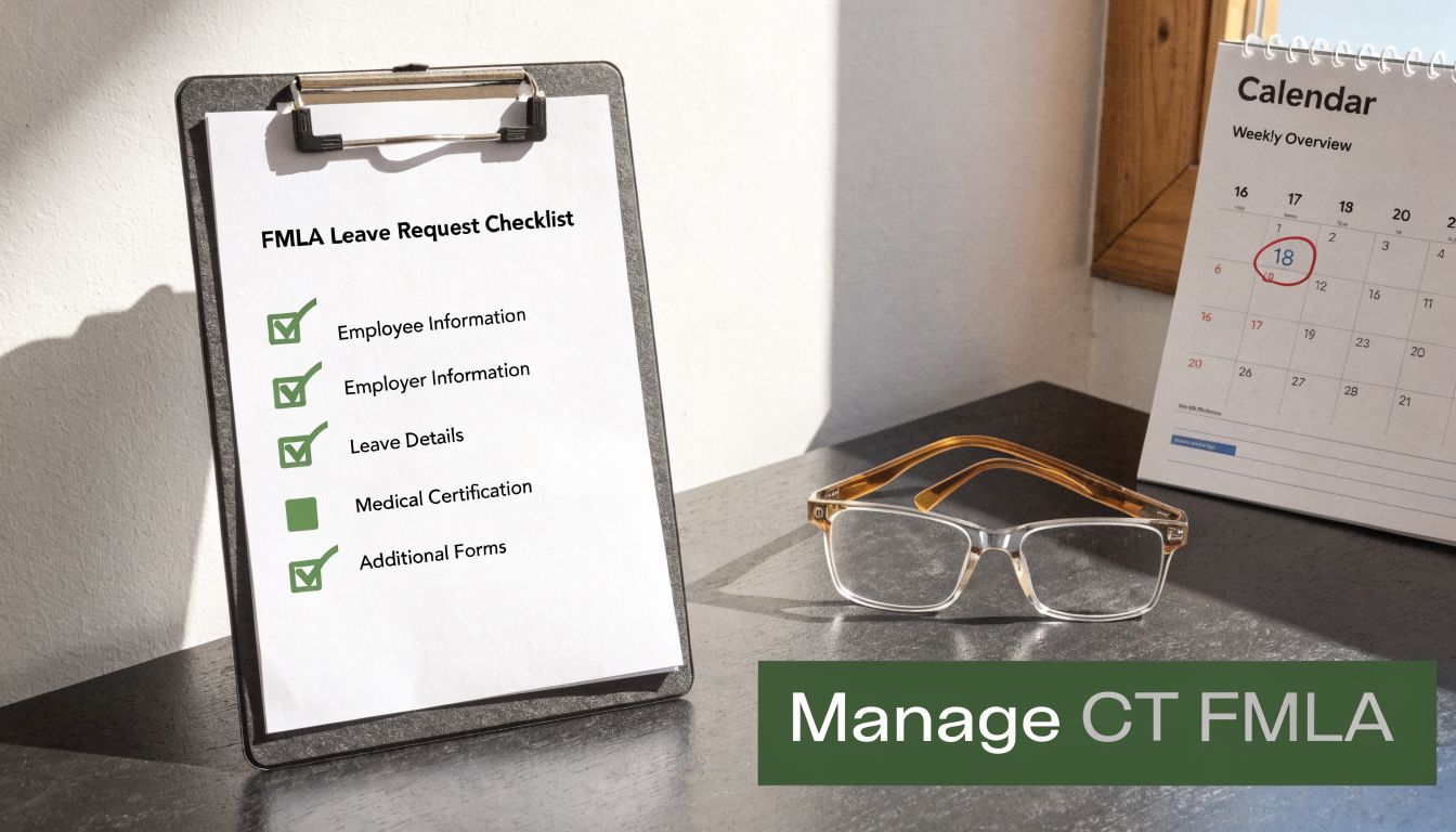 A clipboard with a completed FMLA checklist, a pair of glasses, and a calendar on a desk.
