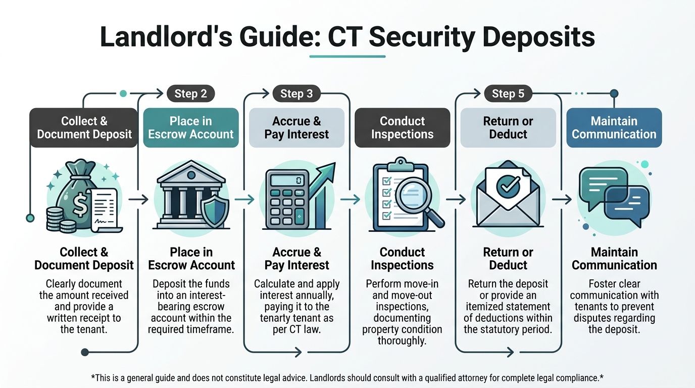 A visual flowchart outlining the mandatory steps landlords in Connecticut must follow for managing tenant security deposits.