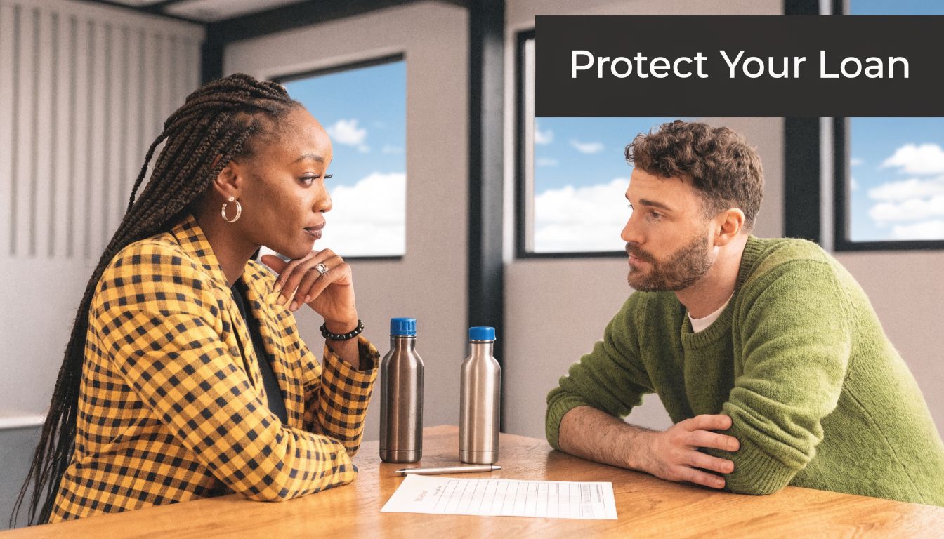 A professional woman and man sitting across from each other at a desk discussing financial protection.