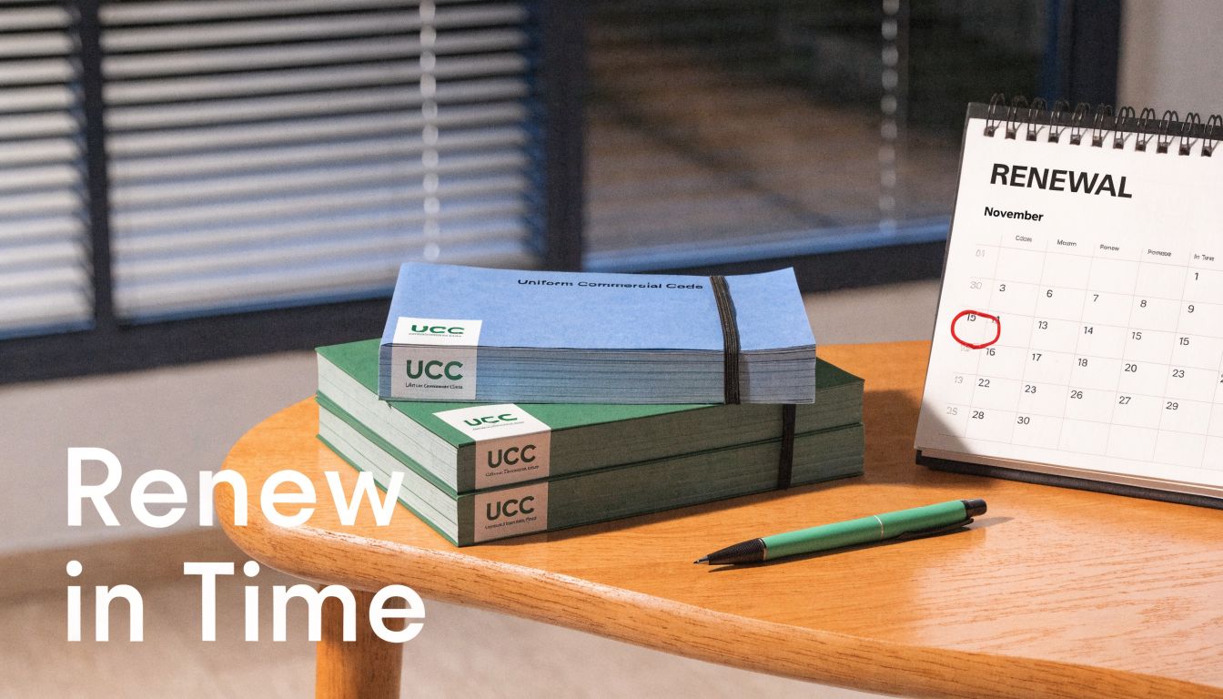 A stack of UCC filing books next to a desk calendar with a date circled in November.