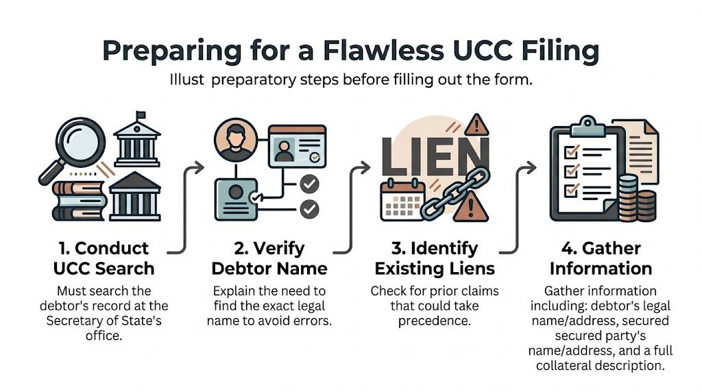A four-step infographic illustrating the necessary preparatory steps for completing an accurate UCC filing process.