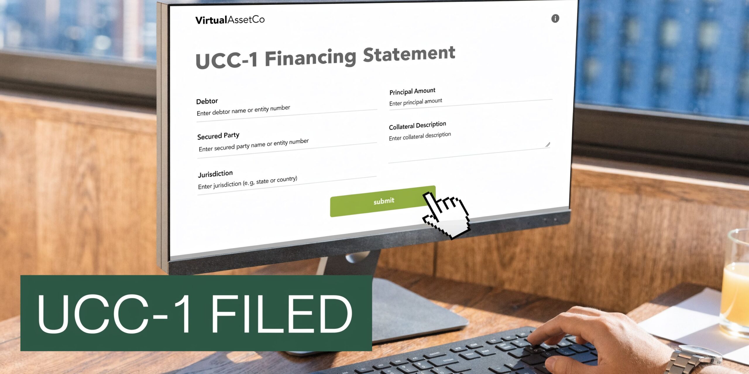 A person typing on a computer keyboard to fill out a UCC-1 Financing Statement form online.
